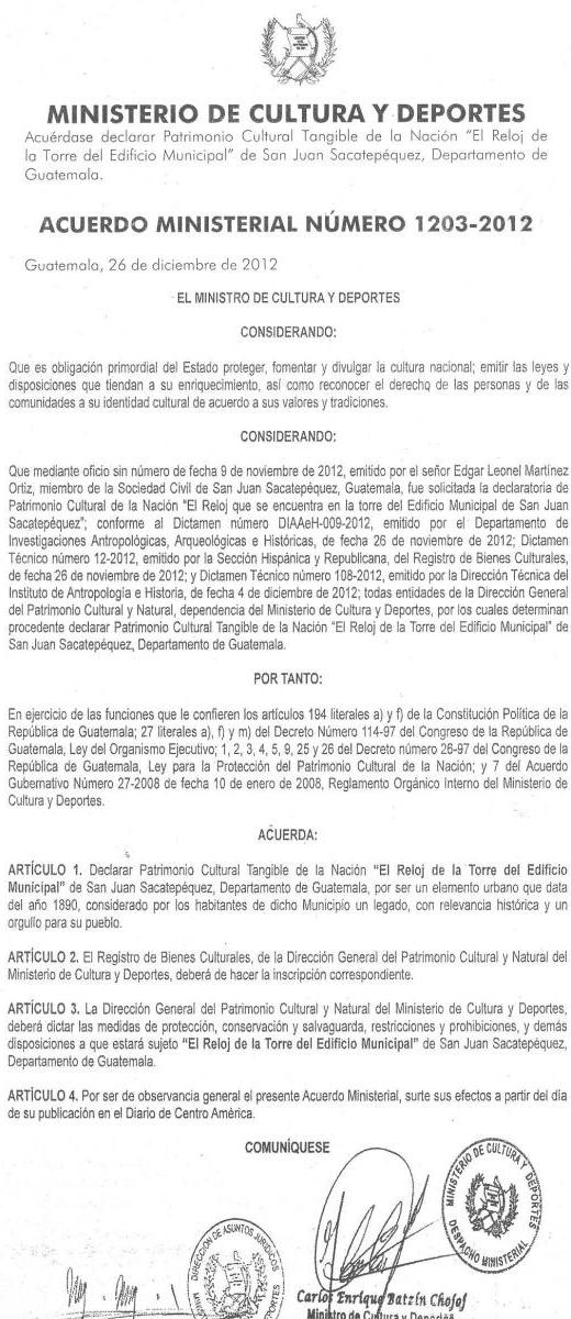 10-01-13 ACUERDO MINISTERIAL 1203-2012 DECLARAN PATRIMONIO CULTURAL EL RELOJ DE TORRE